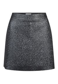 Schwarzer geprägter Minirock mit strukturierter Oberfläche. Verfügt über einen glatten Taillenbund und eine ausgestellte A-Linie, ideal für den Freizeitlook.