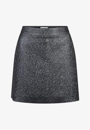 Zwarte reliëf mini rok met een gestructureerd oppervlak. Voorzien van een soepele tailleband en een geflareerde A-lijn vorm, geschikt voor casual gebruik.