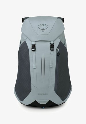 Zaino Osprey Hikelite LT 30 grigio chiaro e grigio scuro con cinghie frontali, tasca laterale con cerniera e logo sulla patta superiore.