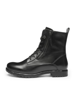 Schwarzer Leder-Stiefelette mit seitlichem Reißverschluss, vorderer Schnürung, Zuglasche an der Ferse und niedrigem gestapeltem Gummisohlen.