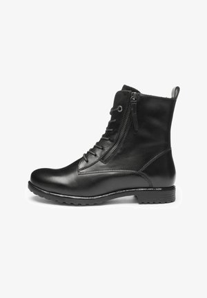 Schwarzer Leder-Stiefelette mit seitlichem Reißverschluss, vorderer Schnürung, Zuglasche an der Ferse und niedrigem gestapeltem Gummisohlen.