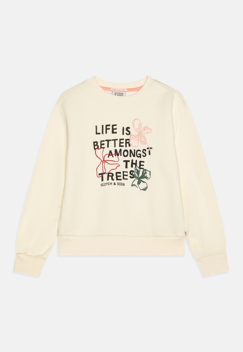 Sweatshirt créme avec des poignets et un ourlet côtelés ; comporte un texte noir et coloré avec des graphiques floraux. Matière en mélange de coton, coupe décontractée.