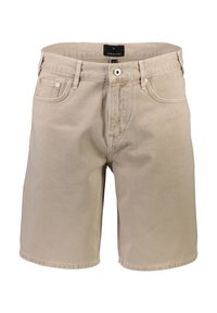 Beige denim shorts met een rechte snit, voorzakken en een knoopsluiting. Inclusief subtiele stiksels en een gemerkte taillebandlabel.