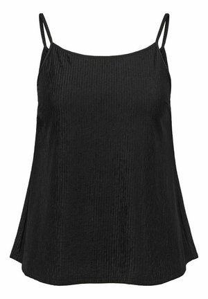 Juodas be rankovių viršus su plonomis spaghetti juostelėmis, turintis reljefinę tekstūrą ir laisvą siluetą, kuris šiek tiek platėja prie apatinės dalies.