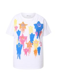 Løs pasform hvid T-shirt med multikolor stjernes grafikker i blå, pink, gul og orange med en dryppende maleffekt.
