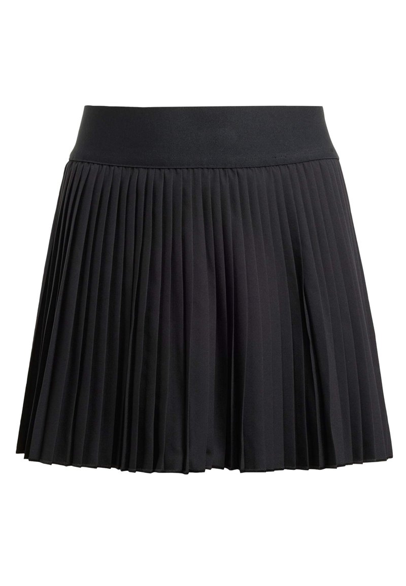 Falda negra plisada con una cinturilla elástica ancha. Confeccionada con una tela ligera, presenta pliegues uniformemente espaciados y un diseño acampanado.