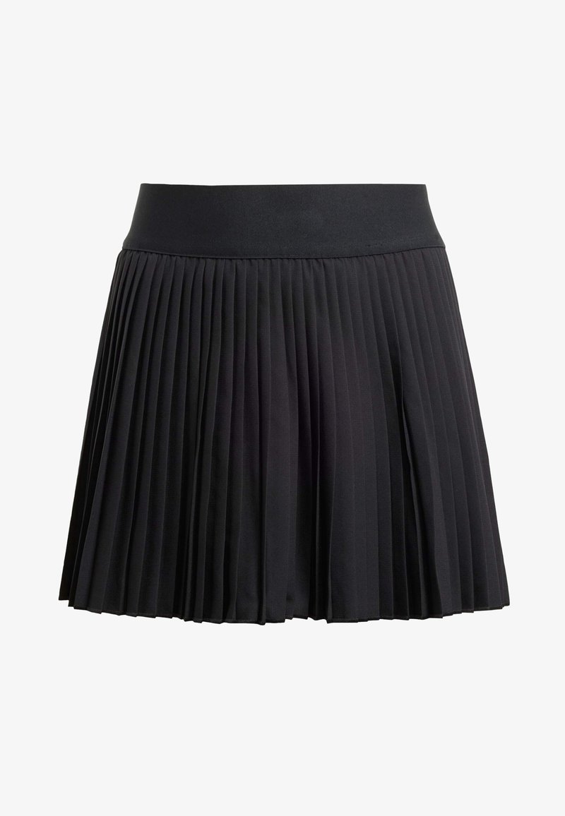 Falda negra plisada con una cinturilla elástica ancha. Confeccionada con una tela ligera, presenta pliegues uniformemente espaciados y un diseño acampanado.