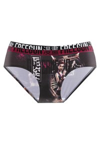 Culotte bikini noire et bordeaux avec une taille "FREEGUN" et un graphisme d'une femme tenant une arme dans un décor futuriste à l'avant.