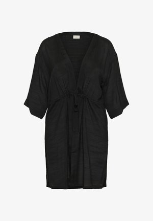 Mustat kimono-tyyliset peitevaatteet, jotka on valmistettu kevyestä kankaasta. Ne tarjoavat syvän V-kaula-aukon, kerätyn vyötärön nauhoilla sekä lyhyet hihat.