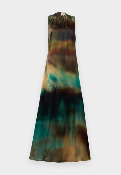 Hihaton mekko kevyestä ja joustavasta kankaasta. Sen väriasteikko vaihtelee maanläheisten sävyjen välillä, syvästä vihreästä ruskeaan ja teal-väriin.