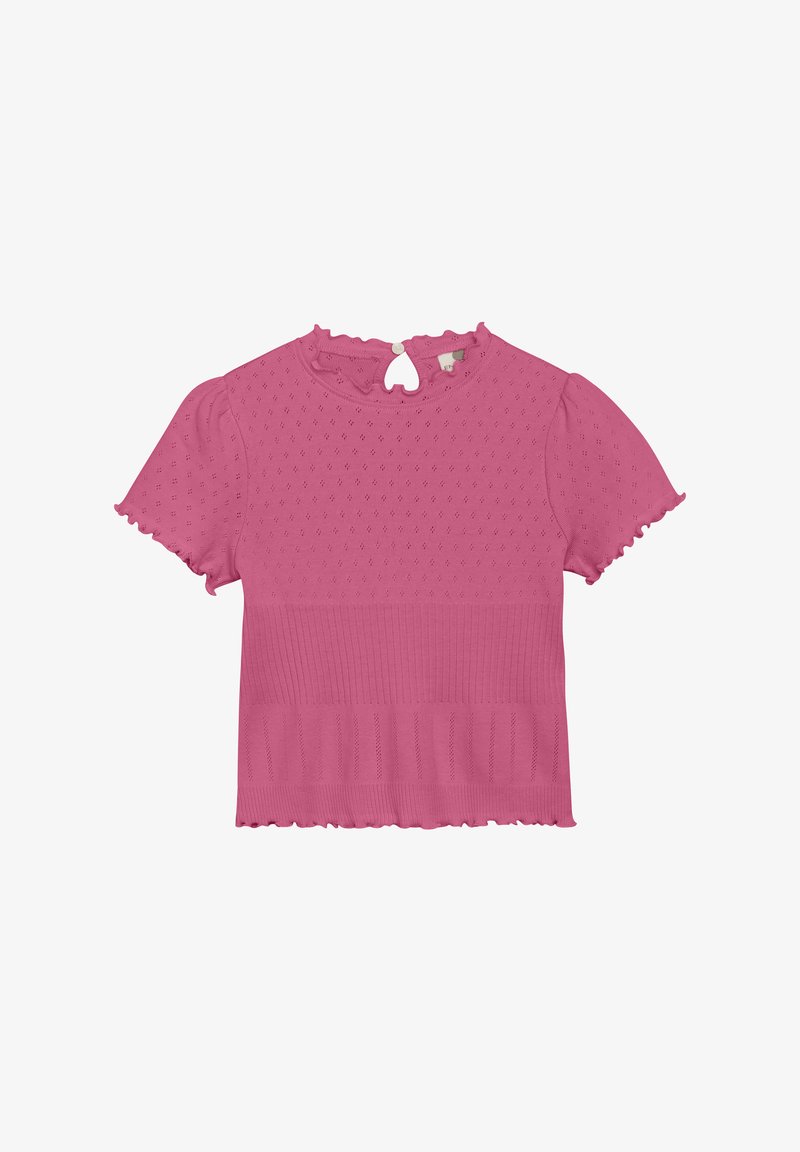 Pink knitted top with short puff sleeves, textured pattern, ribbed waist, and a keyhole back closure with a button. Edges feature ruffled trim.