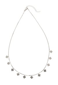Collar de plata con una cadena texturizada y nueve acentos metálicos planos y cuadrados espaciados uniformemente a lo largo. Cierre ajustable para el tamaño.