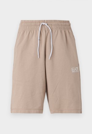 Shorts beiges en tissu doux avec une taille élastique, un cordon blanc et un petit logo EA7 blanc sur le côté.