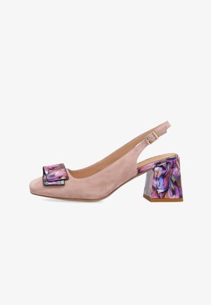 Beige suede slingback shoe with a colorful marbled block heel and matching decorative buckle on the toe.