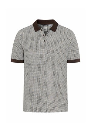 Kurzärmliges Poloshirt mit braunem Kragen und Bündchen, versehen mit einem kleinen geometrischen Muster in neutralen Tönen.