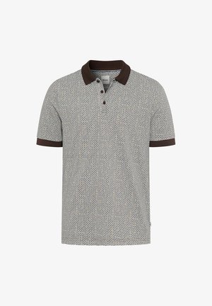 Poloshirt met korte mouwen, bruine kraag en manchetten, met een klein geometrisch patroon in neutrale tinten.