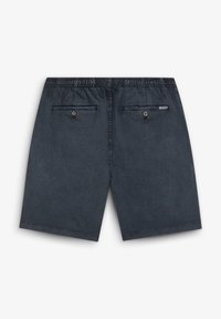 Mørkeblå shorts lavet af stof med en glat tekstur. Har en elastisk talje, to baglommer med knapper og en label detalje.