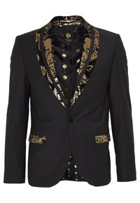 Schwarzer Blazer mit einem glänzenden, goldenen Blumenmuster an der Revers- und Taschenverzierung. Innenfutter mit gemustertem Futter und Knöpfen. Ein-Knopf-Verschluss.