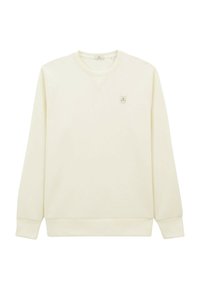 Sweatshirt couleur crème avec manches longues, bords côtes aux poignets et à l'ourlet, design en V, comportant un petit patch logo sur le haut de la poitrine gauche.