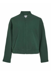Grön, kort bomberjacka med hög hals, framdragkedja och två sidofickor. Tillverkad av mjukt, slätt tyg i en enfärgad design.
