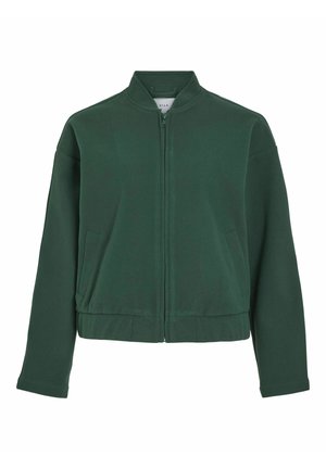 Zelená zkrácená bomber bunda s vysokým límcem, předním zipem a dvěma bočními kapsami. Vyrobena z jemné, hladké tkaniny v jednobarevném provedení.