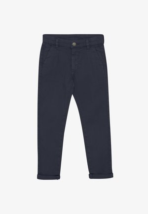 Navy blue cotton trousers with a button closure, zip fly, side pockets, and rolled cuffs. Smooth texture and tailored fit.