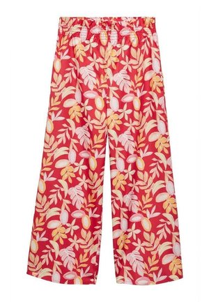 Rote Hosen mit weitem Bein, verziert mit einem floralen Muster aus gelben, pinken und weißen Blättern und Ovalen. Elastischer Bund für Komfort.