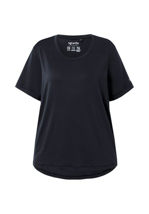 Czarny sportowy t-shirt z krótkim rękawem, okrągłym dekoltem, gładką teksturą i lekko zaokrąglonym dołem. Zawiera logo na rękawie.