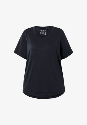 Mustat lyhythihaiset urheilupaidat pyöreällä kaula-aukolla, sileä pinta ja hieman kaareva helma alaosassa. Sitä koristaa logo hihassa.