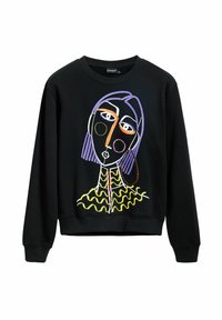 Sudadera negra con un diseño abstracto de cara colorido. Detallada con costuras en púrpura, naranja, amarillo y blanco. Cuello y puños acanalados.