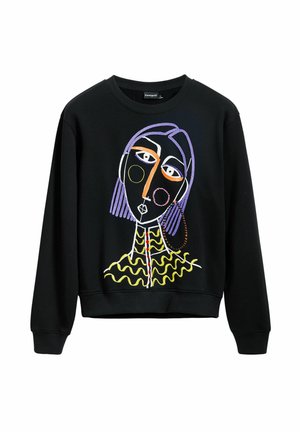 Czarny sweatshirt z kolorowym abstrakcyjnym wzorem twarzy. Wykończony fioletowymi, pomarańczowymi, żółtymi i białymi przeszyciami. Żebrowany dekolt i mankiety.
