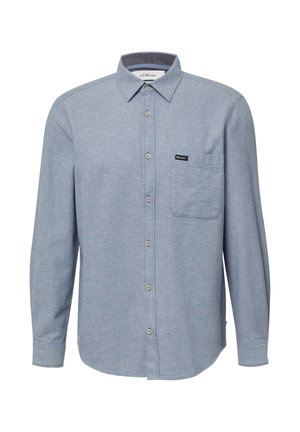 Himmelblaues Hemd mit Knopfleiste aus strukturiertem Stoff, langen Ärmeln, Kragen, Fronttasche und einem kleinen Markentag im Brustbereich.
