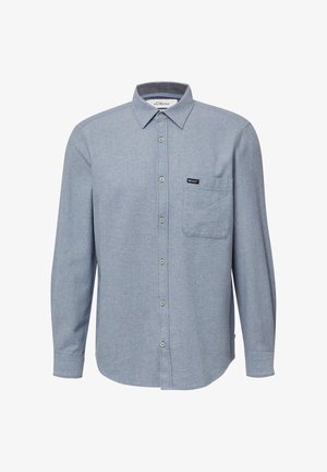 Lichtblauw overhemd met lange mouwen, een textuurstof, een kraag, een borstzakje en een klein merkteken op de borst.