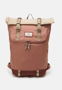 Roll-top backpack in pink and beige nylon, featuring metal hardware, dual side straps, and a front zipper pocket with drawstring pulls.