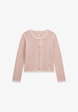 Lichtroze gebreid vest met lange mouwen, witte gegolfde rand, knopen aan de voorkant en subtiel bloemenpatroon, GUESS-logo label vlak bij de zoom.