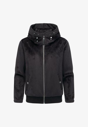 Black jacket with a plush texture, zip front, and adjustable hood. Features two side pockets and a ribbed hem and cuffs.