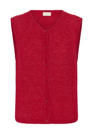 Red knitted vest with a V-neck, sleeveless design, and six button closures. Features a textured fabric and a straight, boxy silhouette.