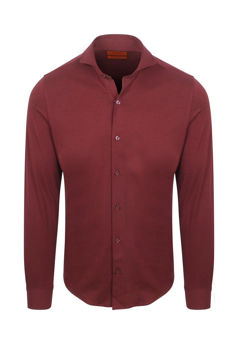 Bordeaux lange mouwen shirt met een puntige kraag, voorkant met knopen sluiting en een gladde stoftextuur. Polsen met knoopmanchetten.
