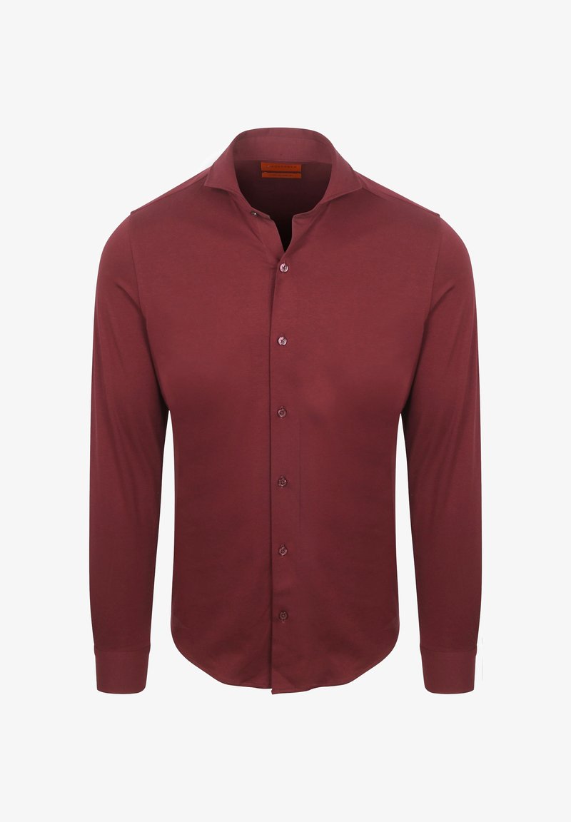 Bordeauxfarbenes Langarmshirt mit spitzem Kragen, vorderem Knopfverschluss und glatter Stoffoberfläche. Manschetten an den Handgelenken mit Knopfverschluss.
