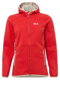 Veste softshell rouge à capuche avec fermeture éclair frontale, deux poches zippées et logo Jack Wolfskin blanc sur la poitrine.