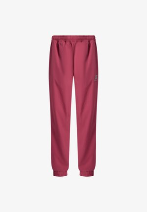 Een paar bordeauxrode sweatpants met elastische taille en boorden aan de enkels, met een klein logo op de linker dij.