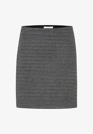 Black and white houndstooth skirt with a fitted silhouette, smooth texture, and a waistband. No visible hardware or patterns beyond the houndstooth design.