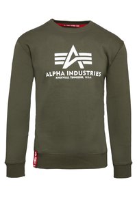 Olive green sweatshirt with a crew neckline and long sleeves. Features a white "Alpha Industries" logo and red accent tag at the hem.