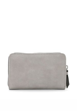 Rektangulært lysegråt læderpung med lynlåslukning og sort kvast ved lynlåsen på højre side.