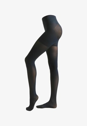 Black opaque tights with a high waistband, smooth texture, firm fit, and a seamless design for comfort. Plain finish without patterns or accents.