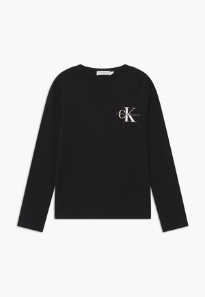 Sort, langærmet T-shirt med rund hals og lille hvid "CK Calvin Klein Jeans"-logo på øverste venstre bryst.