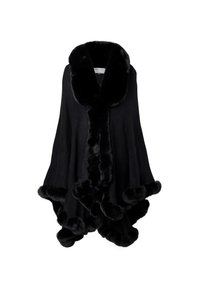Svart poncho med en plyschfaux pälskrage och kant, som har en flödande silhuett och rundade kanter. Mjuk textur och elegant design.