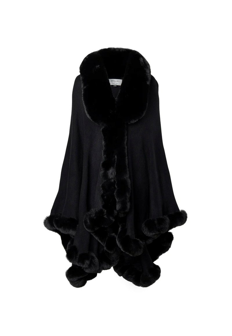 Svart poncho med en plyschfaux pälskrage och kant, som har en flödande silhuett och rundade kanter. Mjuk textur och elegant design.