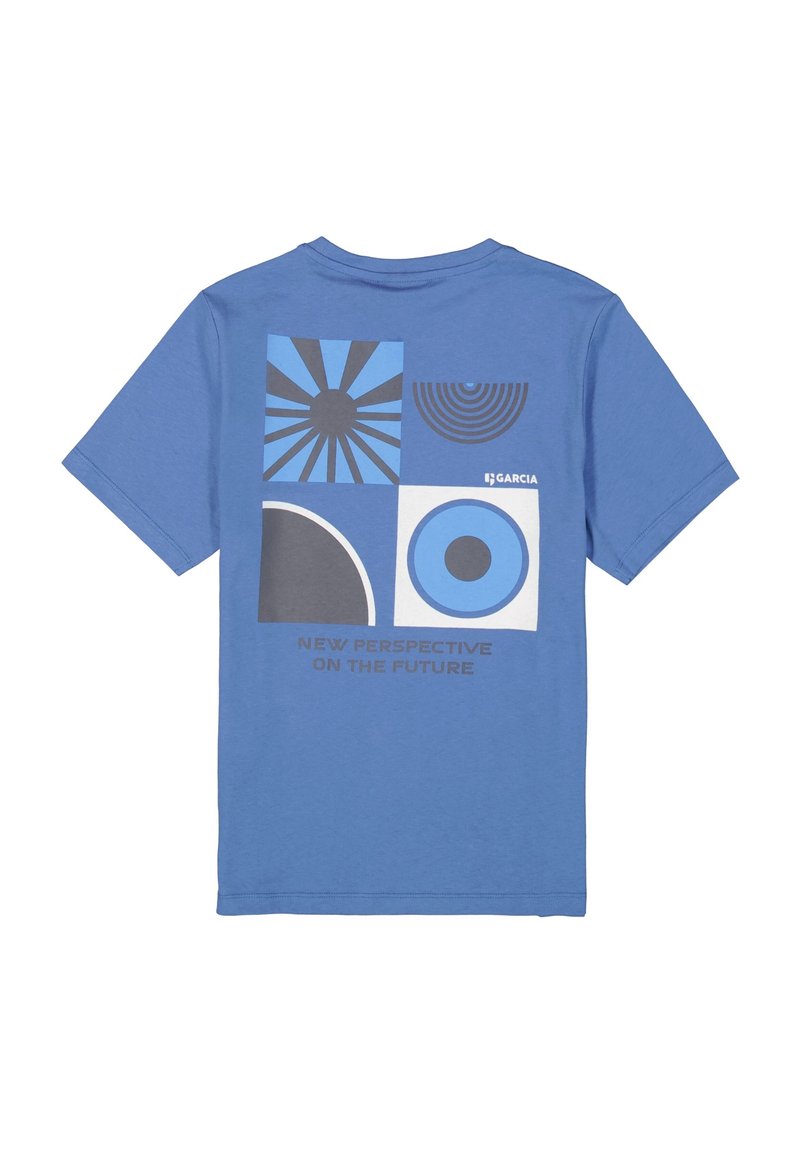 Blaues Baumwoll-T-Shirt mit einem Grafikmotiv auf der Rückseite, das geometrische Formen in Blau, Schwarz und Grau zeigt, sowie dem Text "NEUE PERSPEKTIVE AUF DIE ZUKUNFT."