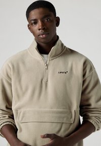 Smėlinės spalvos fliiso megztinis su ketvirčio užtrauktuku, apvaliu apykakliu, priekinė kišene ir tamsia Siuvinėta Levi's logotipu. Minkšta tekstūra ir laisvas kirpimas.